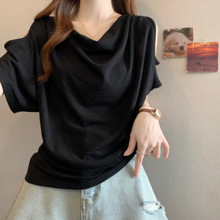 大码胖MM夏季新款美式露肩荡领宽松遮肉短袖蝙蝠衫上衣T恤 服裝批發女裝批發服飾貨源