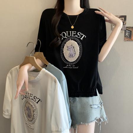 黑色t恤女短袖宽松下摆开叉棉质百搭新款大码夏装内搭打底衫 服裝批發女裝批發服飾貨源