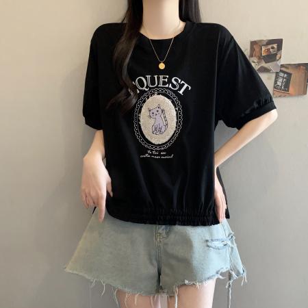 黑色t恤女短袖宽松下摆开叉棉质百搭新款大码夏装内搭打底衫 服裝批發女裝批發服飾貨源