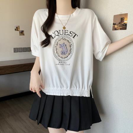 黑色t恤女短袖宽松下摆开叉棉质百搭新款大码夏装内搭打底衫 服裝批發女裝批發服飾貨源