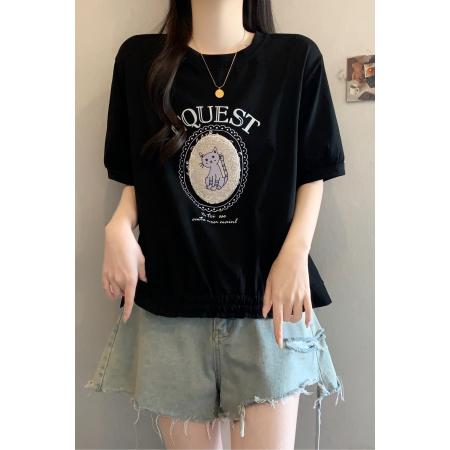 黑色t恤女短袖宽松下摆开叉棉质百搭新款大码夏装内搭打底衫 服裝批發女裝批發服飾貨源