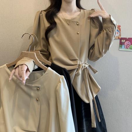 正肩长袖衬衫女春季大码胖mm气质独特小衫不规则收腰上衣 服裝批發女裝批發服飾貨源