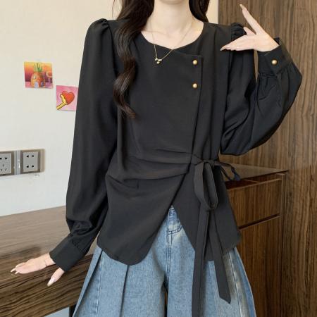 正肩长袖衬衫女春季大码胖mm气质独特小衫不规则收腰上衣 服裝批發女裝批發服飾貨源