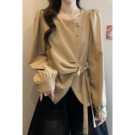 正肩长袖衬衫女春季大码胖mm气质独特小衫不规则收腰上衣 服裝批發女裝批發服飾貨源