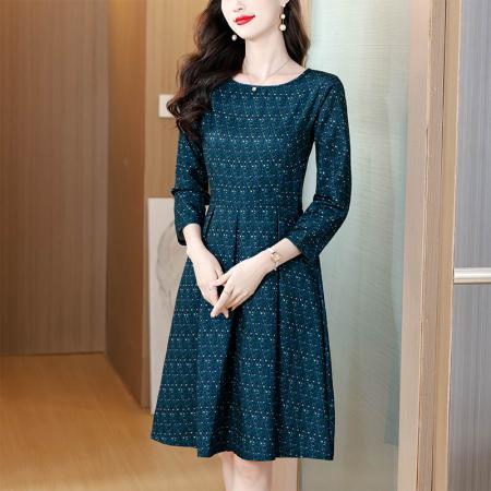 高端气质圆领收腰显瘦绿色提花连衣裙女秋冬新款长袖裙子 服裝批發女裝批發服飾貨源