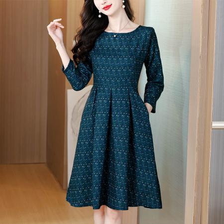 高端气质圆领收腰显瘦绿色提花连衣裙女秋冬新款长袖裙子 服裝批發女裝批發服飾貨源
