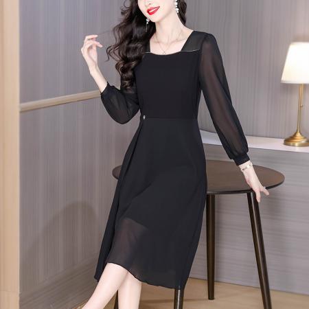 时尚黑色方领雪纺垂坠感连衣裙女秋季新款长袖中长裙子 服裝批發女裝批發服飾貨源