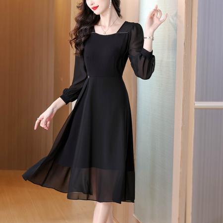 时尚黑色方领雪纺垂坠感连衣裙女秋季新款长袖中长裙子 服裝批發女裝批發服飾貨源