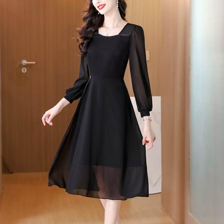 时尚黑色方领雪纺垂坠感连衣裙女秋季新款长袖中长裙子 服裝批發女裝批發服飾貨源