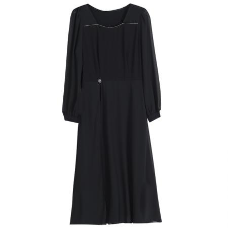 时尚黑色方领雪纺垂坠感连衣裙女秋季新款长袖中长裙子 服裝批發女裝批發服飾貨源