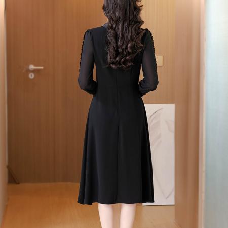 秋季新款通勤工装衬衫裙百搭显瘦小黑裙中长款黑色长袖连衣裙 服裝批發女裝批發服飾貨源