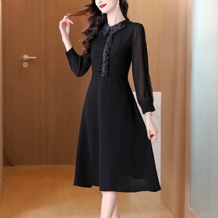 秋季新款通勤工装衬衫裙百搭显瘦小黑裙中长款黑色长袖连衣裙 服裝批發女裝批發服飾貨源