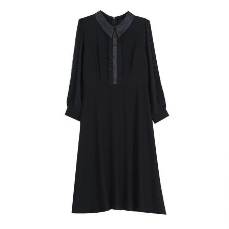 秋季新款通勤工装衬衫裙百搭显瘦小黑裙中长款黑色长袖连衣裙 服裝批發女裝批發服飾貨源