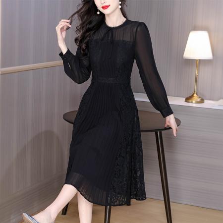 早秋气质名媛法式复古木耳边百褶a字收腰大摆蕾丝刺绣黑色连衣裙 服裝批發女裝批發服飾貨源