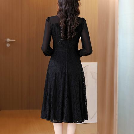 早秋气质名媛法式复古木耳边百褶a字收腰大摆蕾丝刺绣黑色连衣裙 服裝批發女裝批發服飾貨源