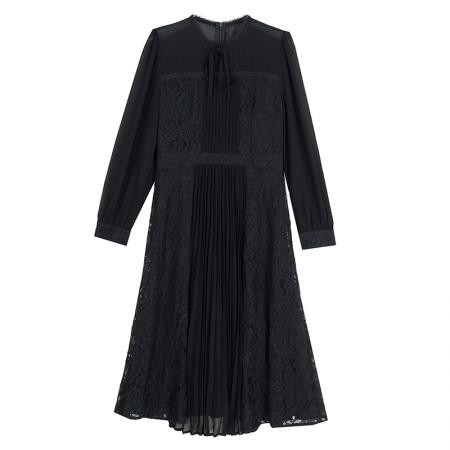 早秋气质名媛法式复古木耳边百褶a字收腰大摆蕾丝刺绣黑色连衣裙 服裝批發女裝批發服飾貨源