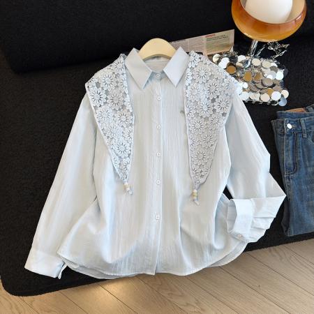 春秋学院风Polo领慵懒风长袖衬衫女百搭宽松衬衣送精美雷丝披肩 服裝批發女裝批發服飾貨源