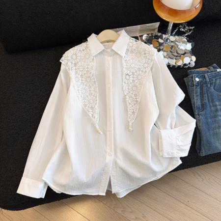 春秋学院风Polo领慵懒风长袖衬衫女百搭宽松衬衣送精美雷丝披肩 服裝批發女裝批發服飾貨源