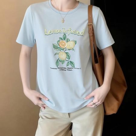 柠檬香气印花舒适T恤女拉时尚百搭夏季新款宽松显白上衣 服裝批發女裝批發服飾貨源