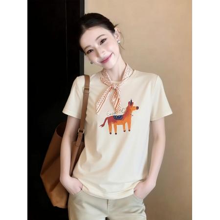 绝美巨好看印花短袖T恤女春夏季超火减龄宽松米杏色打底上衣 服裝批發女裝批發服飾貨源