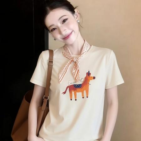 绝美巨好看印花短袖T恤女春夏季超火减龄宽松米杏色打底上衣 服裝批發女裝批發服飾貨源