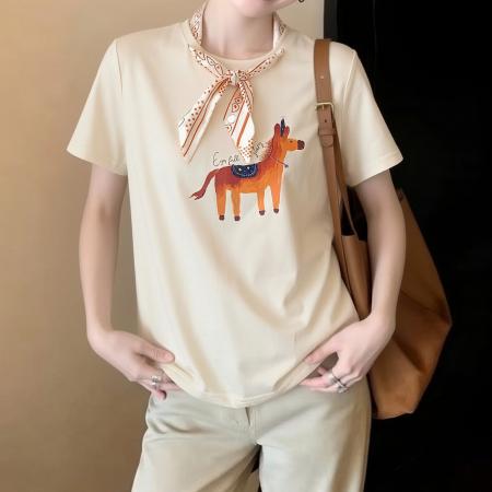 绝美巨好看印花短袖T恤女春夏季超火减龄宽松米杏色打底上衣 服裝批發女裝批發服飾貨源