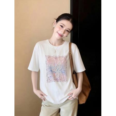 香影蝴蝶亮片白色t恤女夏季新款宽松圆领印花纯棉短袖薄上衣 服裝批發女裝批發服飾貨源