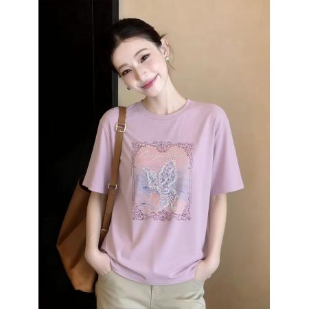 香影蝴蝶亮片白色t恤女夏季新款宽松圆领印花纯棉短袖薄上衣 服裝批發女裝批發服飾貨源