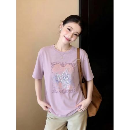 香影蝴蝶亮片白色t恤女夏季新款宽松圆领印花纯棉短袖薄上衣 服裝批發女裝批發服飾貨源