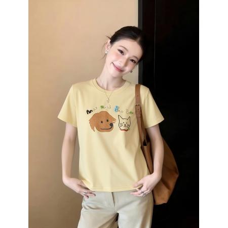 欧洲站春季新款短袖卡通小狗字母印花小版韩系百搭女士T恤衫 服裝批發女裝批發服飾貨源