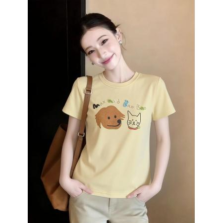 欧洲站春季新款短袖卡通小狗字母印花小版韩系百搭女士T恤衫 服裝批發女裝批發服飾貨源