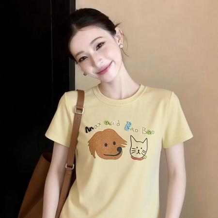 欧洲站春季新款短袖卡通小狗字母印花小版韩系百搭女士T恤衫 服裝批發女裝批發服飾貨源