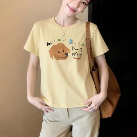 欧洲站春季新款短袖卡通小狗字母印花小版韩系百搭女士T恤衫 服裝批發女裝批發服飾貨源