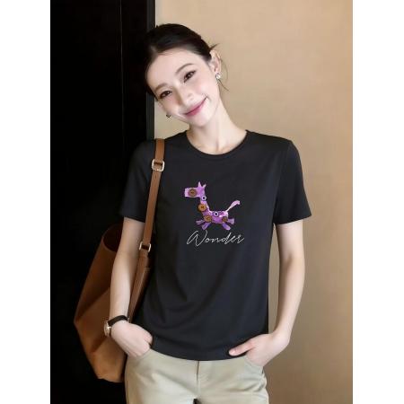 黑色圆领短袖T恤衫女夏季新款百搭休闲宽松半袖体恤上衣 服裝批發女裝批發服飾貨源