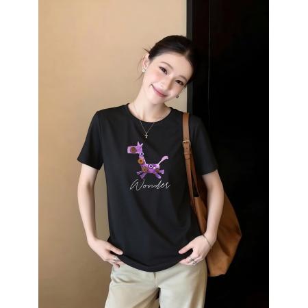 黑色圆领短袖T恤衫女夏季新款百搭休闲宽松半袖体恤上衣 服裝批發女裝批發服飾貨源