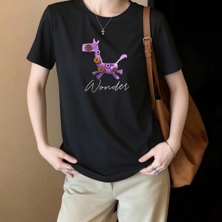 黑色圆领短袖T恤衫女夏季新款百搭休闲宽松半袖体恤上衣 服裝批發女裝批發服飾貨源