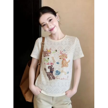 杏色印花蕾丝短袖t恤女宽松显瘦绝美漂亮正肩上衣设计感新款 服裝批發女裝批發服飾貨源