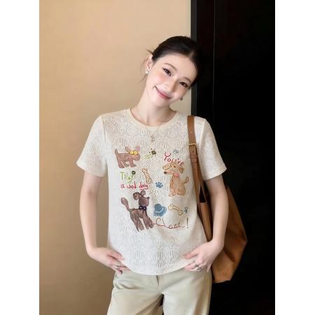 杏色印花蕾丝短袖t恤女宽松显瘦绝美漂亮正肩上衣设计感新款 服裝批發女裝批發服飾貨源