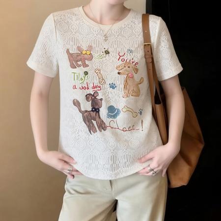 杏色印花蕾丝短袖t恤女宽松显瘦绝美漂亮正肩上衣设计感新款 服裝批發女裝批發服飾貨源