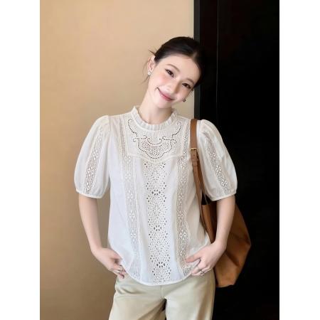 法式重工蕾丝拼接镂空白色衬衫女夏季泡泡短袖上衣新款百搭潮 服裝批發女裝批發服飾貨源