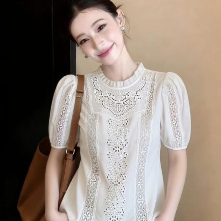 法式重工蕾丝拼接镂空白色衬衫女夏季泡泡短袖上衣新款百搭潮 服裝批發女裝批發服飾貨源