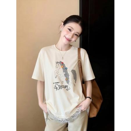 杏色印花蕾丝短袖t恤女宽松显瘦绝美漂亮正肩上衣设计感新款 服裝批發女裝批發服飾貨源