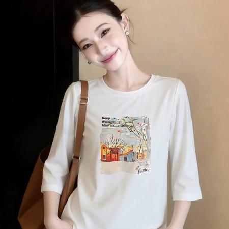 百搭印花短袖T恤女夏季新款大码显瘦韩版宽松遮肚子上衣 服裝批發女裝批發服飾貨源