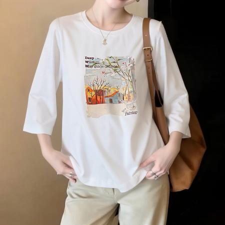 百搭印花短袖T恤女夏季新款大码显瘦韩版宽松遮肚子上衣 服裝批發女裝批發服飾貨源