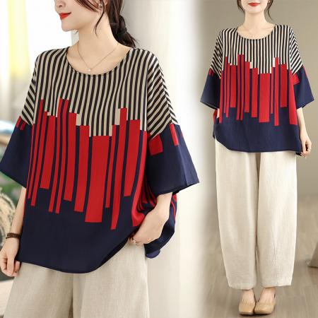 夏季新品麻棉民族风蝙蝠袖宽松大码圆领T恤女 服裝批發女裝批發服飾貨源