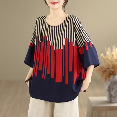 夏季新品麻棉民族风蝙蝠袖宽松大码圆领T恤女 服裝批發女裝批發服飾貨源