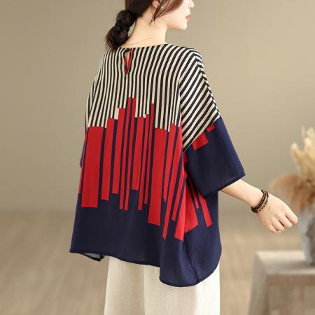 夏季新品麻棉民族风蝙蝠袖宽松大码圆领T恤女 服裝批發女裝批發服飾貨源