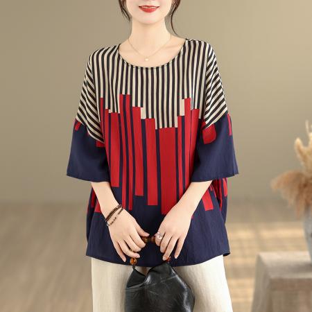 夏季新品麻棉民族风蝙蝠袖宽松大码圆领T恤女 服裝批發女裝批發服飾貨源