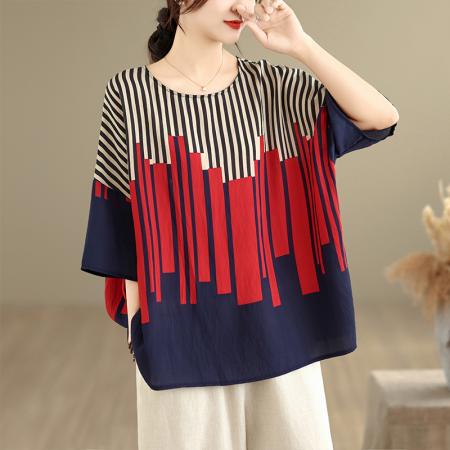 夏季新品麻棉民族风蝙蝠袖宽松大码圆领T恤女 服裝批發女裝批發服飾貨源