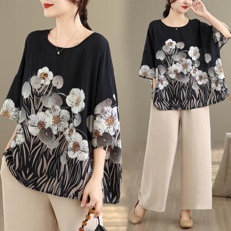 夏季新品麻棉民族风蝙蝠袖宽松大...